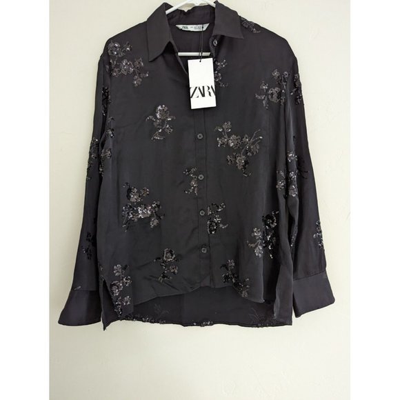 ZARA FLORAL SEQUIN EMBROIDERED SHIRT BLACK XS,S,M,L - Picture 11 of 14